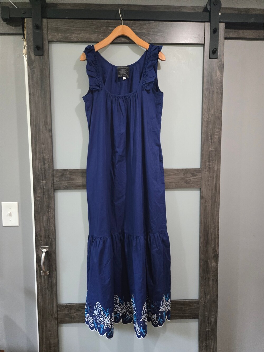 Johnny Was Jade Yoko Navy Blue Floral Embroidered Eyelet Lace Maxi Dress Size S